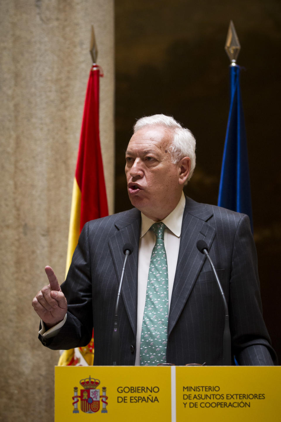 Spain's Foreign Minister Jose Manuel Garcia-Margallo speaks during a press conference after a meeting with Argentina's Ambassador Carlo Antonio Bettini at the Viana Palace, in Madrid, Friday, April 13, 2012. In an escalation of tensions between the two countries Spain warned Argentina on Friday it risks becoming "an international pariah" if it tries to wrest control of energy company Repsol's majority stake in its South American YPF unit which represents 42 percent of Repsol's total reserves, estimated at 2.1 billion barrels of crude.(AP Photo/Daniel Ochoa de Olza)