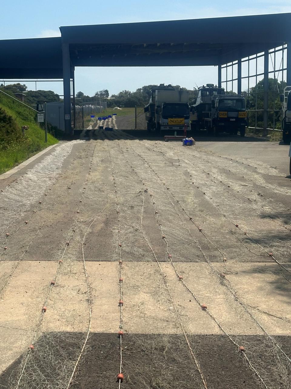A shed at VFA's Queenscliff depot with two truck in it in the distance. Around 844 metres of seized nets have been laid out on the ground.