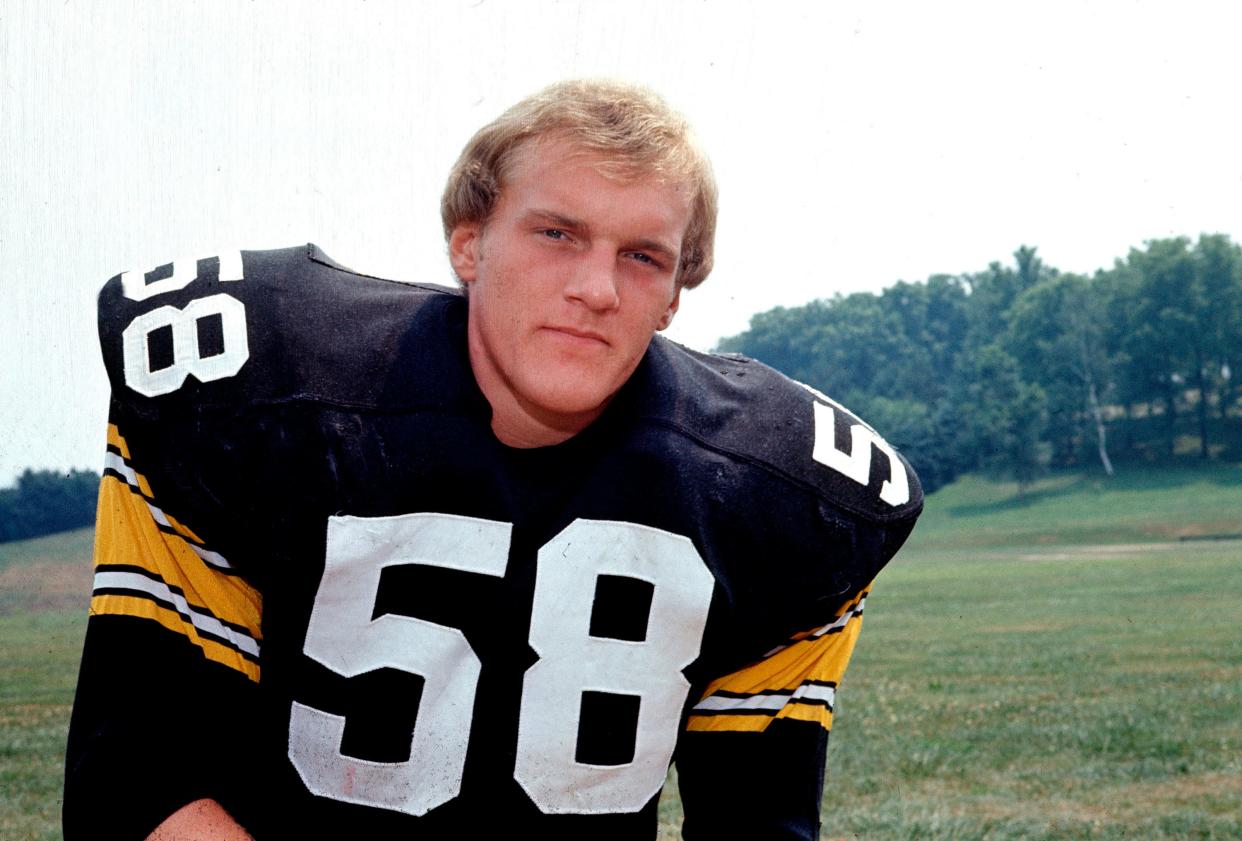 This is a 1975 file photo showing Pittsburgh Steelers linebacker Jack Lambert. Lambert, drafted in 1974, earned All-Pro honors five times.