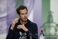 Britain's Andy Murray attends a press conference prior to the Wimbledon Tennis Championships in London, Saturday June 26, 2021. (Florian Eisele/Pool via AP)