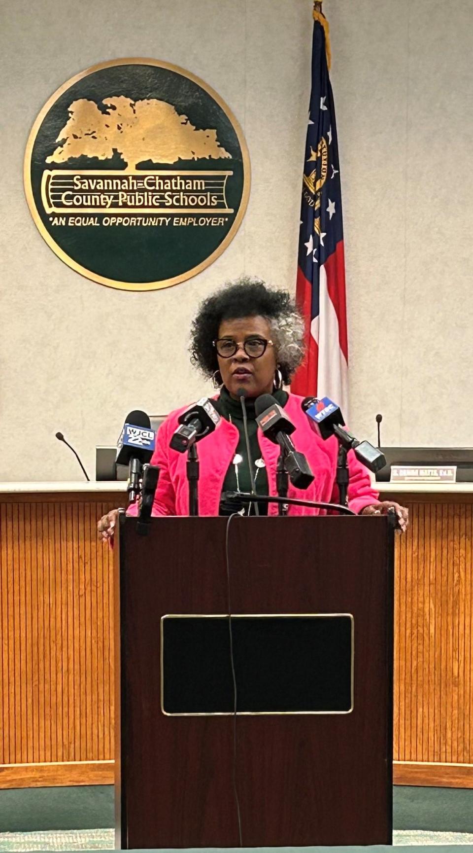 SCCPSS Deputy Superintendent of Teaching and Learning, Bernadette Ball-Oliver speaks at a press conference on Thursday Jan. 11, 2024 at the Whitney Administrative Complex.