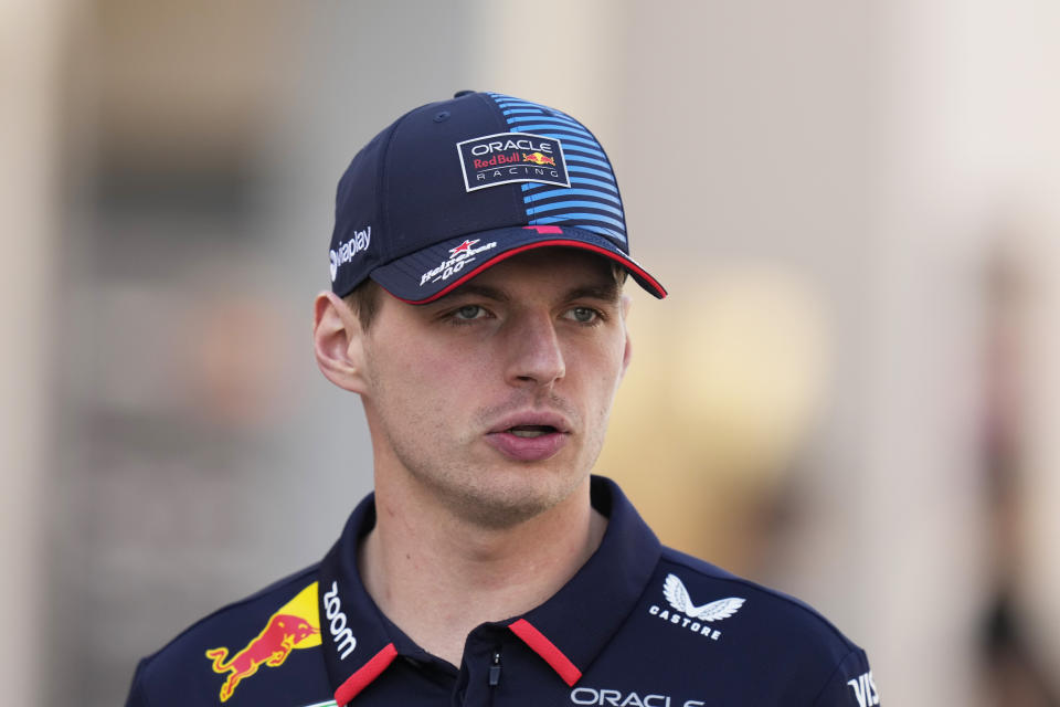 Red Bull driver Max Verstappen of the Netherlands arrives for a media conference ahead of the Formula One Bahrain Grand Prix at the Bahrain International Circuit in Sakhir, Bahrain, Wednesday, Feb. 28, 2024. (AP Photo/Darko Bandic)