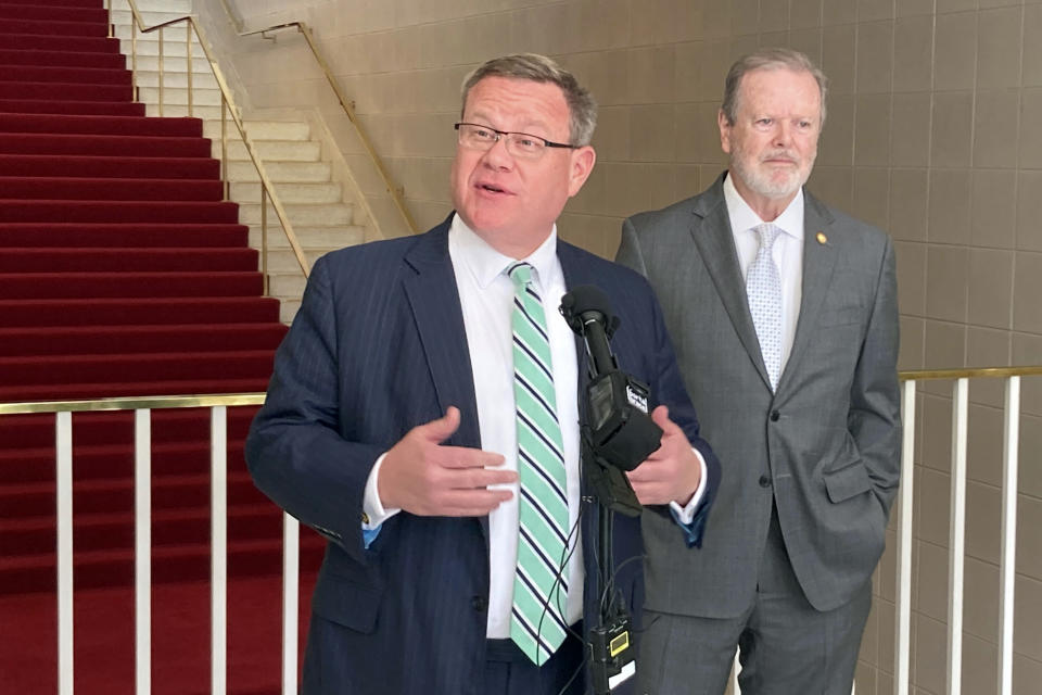 North Carolina House Speaker Tim Moore, R-Cleveland, left, speaks while Senate Leader Phil Berger, R-Rockingham, listens during a post-election news conference at the Legislative Building in Raleigh, N.C., on Wednesday, Nov. 9. 2022. Republicans made seat gains in both the House and Senate on Election Day, with Senate Republicans now holding a veto-proof majority. But Moore said House Republicans fell one seat short of a similar veto-proof threshold (AP Photo/Gary D. Robertson)