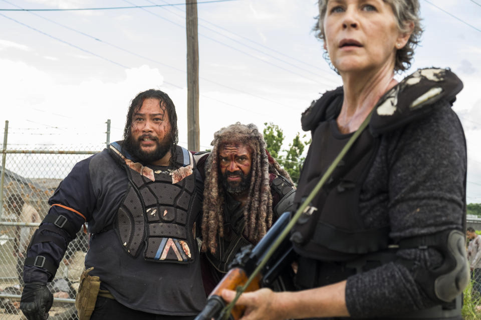 Cooper Andrews as Jerry, Khary Payton as Ezekiel, and Melissa McBride as Carol in <em>The Walking Dead</em> (Photo Credit: Gene Page/AMC)