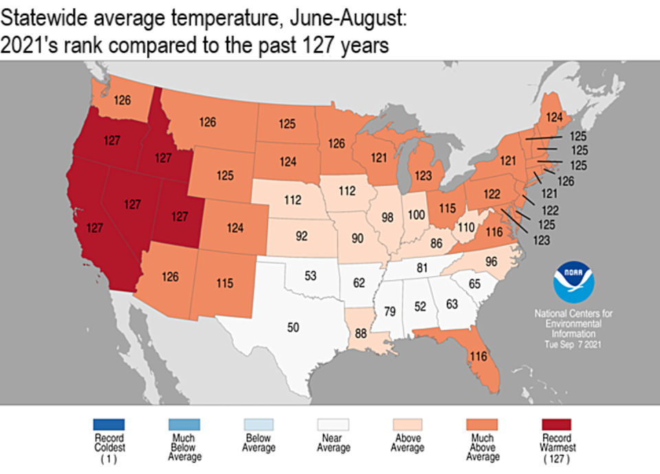 Map of the contiguous United States with historic temperature ranks on each state. Several were the hottest on record or close to it.