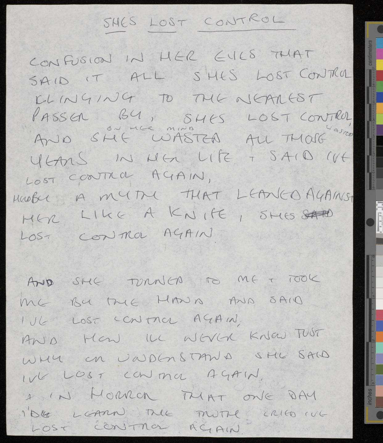 Handwritten lyrics to She’s Lost Control, by Ian Curtis, c1979 (The University of Manchester/PA)