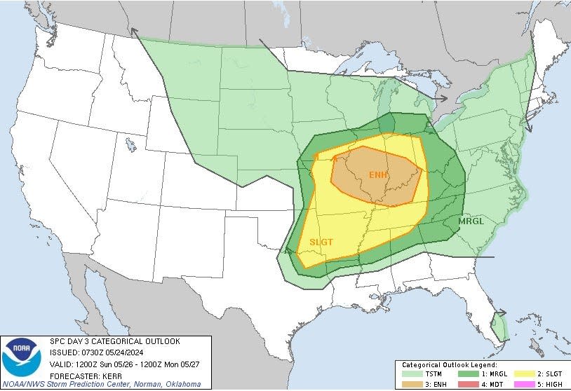 The Storm Prediction Center has placed the Tri-State in an "enhanced risk" area for severe weather on Sunday.