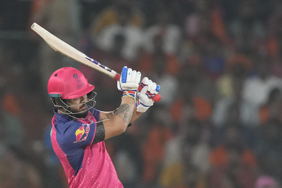 Rajasthan Royals' Riyan Parag plays a shot during the Indian Premier League cricket match between Sunrisers Hyderabad and Rajasthan Royals in Hyderabad, India, Thursday, May 2, 2024. (AP Photo/Mahesh Kumar A.)