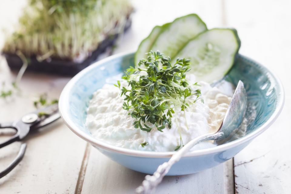 <p>It’s not your mom’s diet food—and its <a href="https://www.prevention.com/food-nutrition/healthy-eating/a28174043/health-benefits-of-cottage-cheese/" rel="nofollow noopener" target="_blank" data-ylk="slk:benefits;elm:context_link;itc:0;sec:content-canvas" class="link ">benefits</a> go well beyond weight loss. “Cottage cheese contains essential nutrients including B vitamins and calcium and is high in protein,” says Matthews. “Try cottage cheese on rice cakes for a low-fat lunch option and add your own herbs and spices to tantalize your taste buds.”</p>