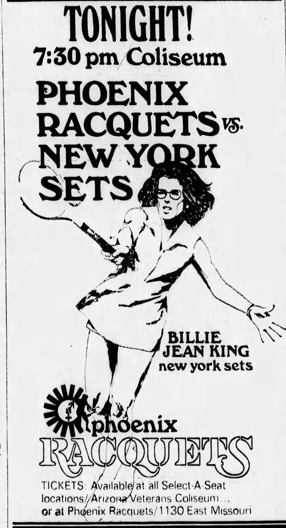 A World Team Tennis ad in the Arizona Republic promoting a 1975 match between Billy Jean King's New York Aces and the Phoenix Racquets.