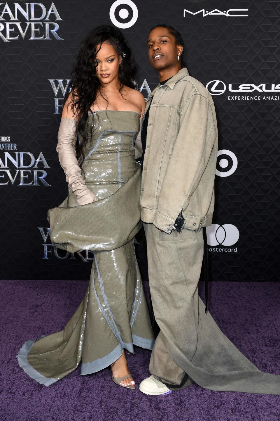 Barbadian singer Rihanna (L) and US rapper A$AP Rocky rrive for the world premiere of Marvel Studios' "Black Panther: Wakanda Forever" at the Dolby Theatre in Hollywood, California, on October 26, 2022.