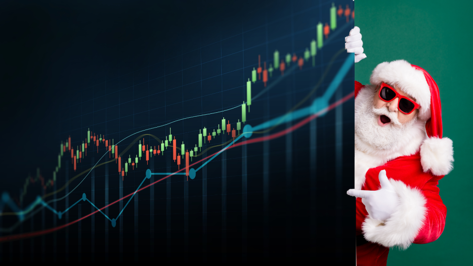 A generic chart showing stock prices going up and Santa pointing at the chart looking happy.