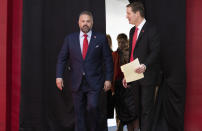 New Nebraska NCAA college football coach Matt Rhule, left, arrives with athletic director Trev Alberts for an introductory press conference, Monday, Nov. 28, 2022, in Lincoln, Neb. (AP Photo/Rebecca S. Gratz)