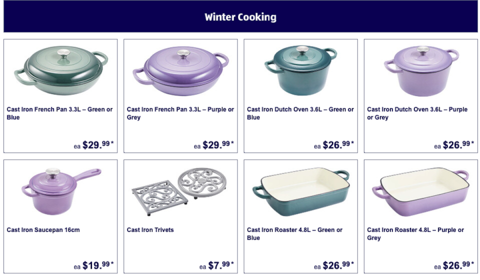 The Aldi cast iron cookware is popular again this year as a dupe of casserole dishes that go for hundreds of dollars. Photo: Aldi 