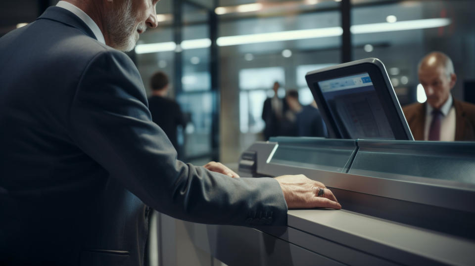 A close up image of a customer completing a transaction at a bank counter.