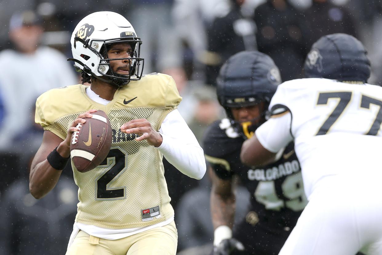 Quarterback Shedeur Sanders #2 of the Colorado Buffaloes throws during their spring game at Folsom Field on April 27, 2024 in Boulder, Colorado.