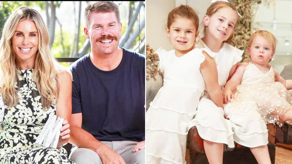 Pictured here, David Warner with his wife and a seperate photo of their three daughters.