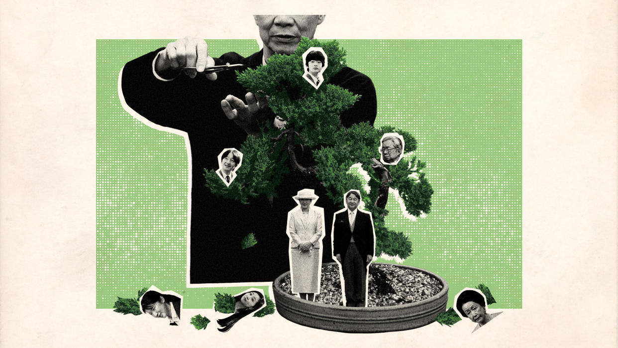  Photo collage of an old Japanese man pruning a bonsai tree. Emperor Naruhito and Empress Masako stand at the foot of the tree, stylised as small paper cut-outs. Potential heirs to the throne are represented in the tree's branches, while female members of Japan's royal family are scattered at the base of the bonsai pot, among pruned branches. 