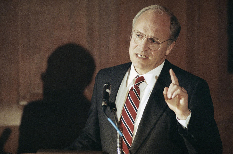 In this April 3, 1991 file photo, Defense Secretary Dick Cheney speaks to members of the media in San Francisco, stating that Iraqi President Saddam Hussein's fighting force remains formidable with an estimated 20 divisions left scattered in Iraq.  (AP Photo/Olga Shalygin, File)