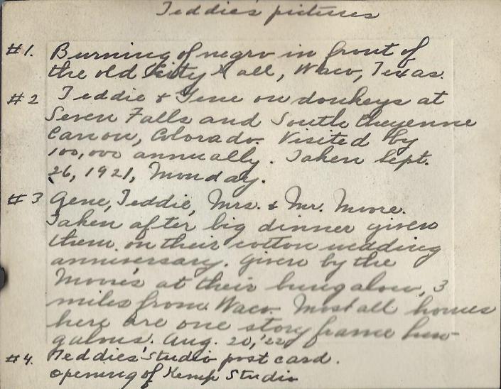 An image of Mary Kemp’s handwritten descriptions of her photographs. Jeff Littlejohn