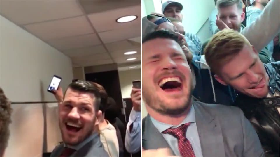 Michael Bisping was mobbed inside the bathroom at the UFC 205 event. Photo: Twitter/Fritoguy