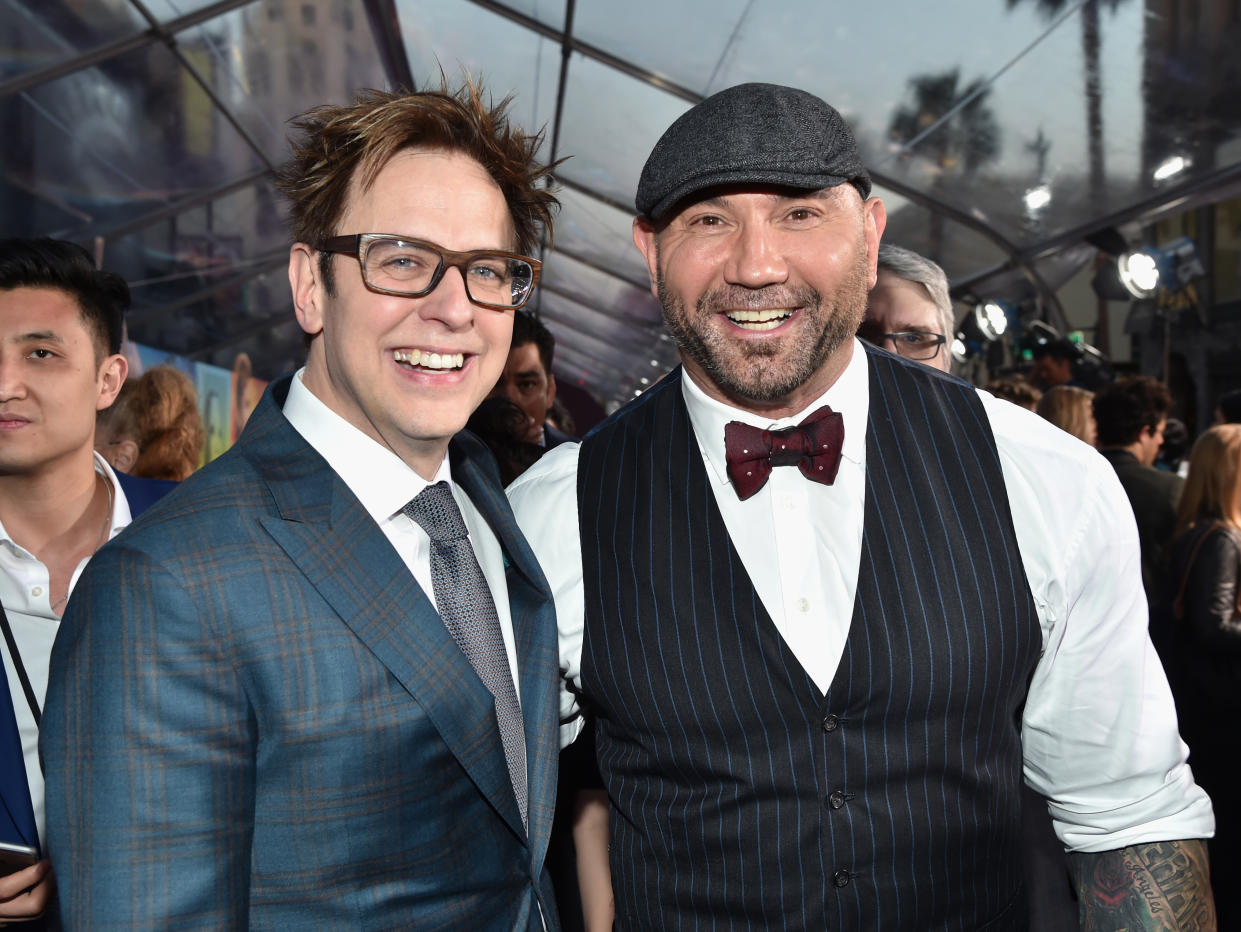 HOLLYWOOD, CA - APRIL 19:  Director James Gunn (L) and actor Dave Bautista at the premiere of Disney and Marvel's "Guardians Of The Galaxy Vol. 2" at Dolby Theatre on April 19, 2017 in Hollywood, California.  (Photo by Frazer Harrison/Getty Images)