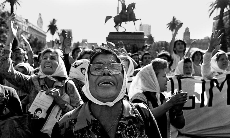 Members of the Mothers of the Plaza de Mayo protest in front of the presidential palace in Buenos Aires around 1982.