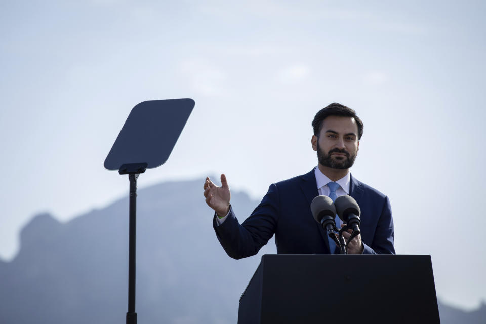 National Climate Advisor Ali Zaidi speaks at the groundbreaking ceremony of the Ten West Link transmission line, Thursday, Jan. 19, 2023, in Tonopah, Ariz. (AP Photo/Alberto Mariani)