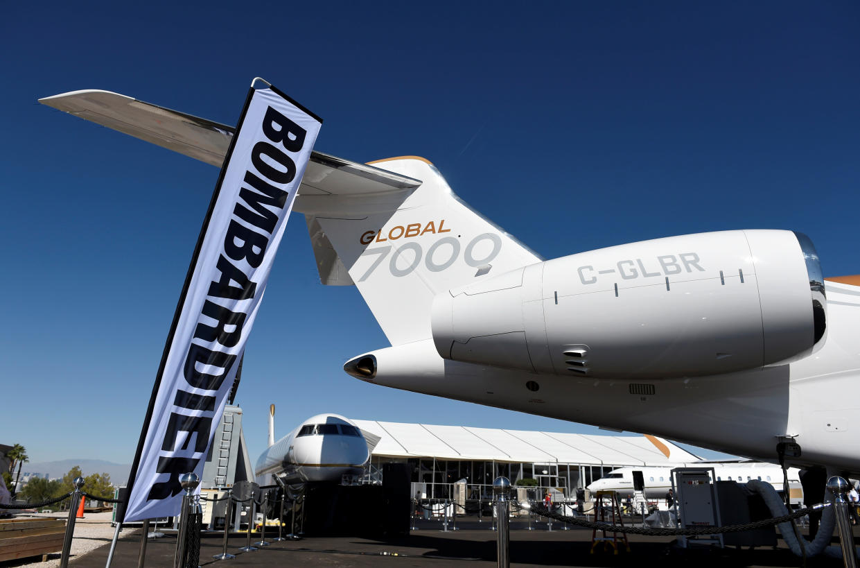 Bombardier's new Global 7000 business jet is seen during the National Business Aviation Association conference and expo at the Henderson Executive Airport in Henderson, Nevada, U.S., October 8, 2017.  REUTERS/David Becker