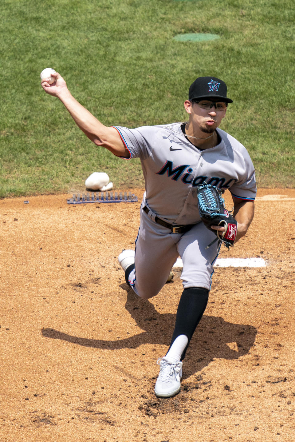 Miami Marlins starting pitcher Robert Dugger throws during the first inning of a baseball game against the Philadelphia Phillies, Sunday, July 26, 2020, in Philadelphia. (AP Photo/Chris Szagola)