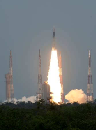 India's Geosynchronous Satellite Launch Vehicle Mk III-M1 blasts off carrying Chandrayaan-2, from the Satish Dhawan Space Centre at Sriharikota