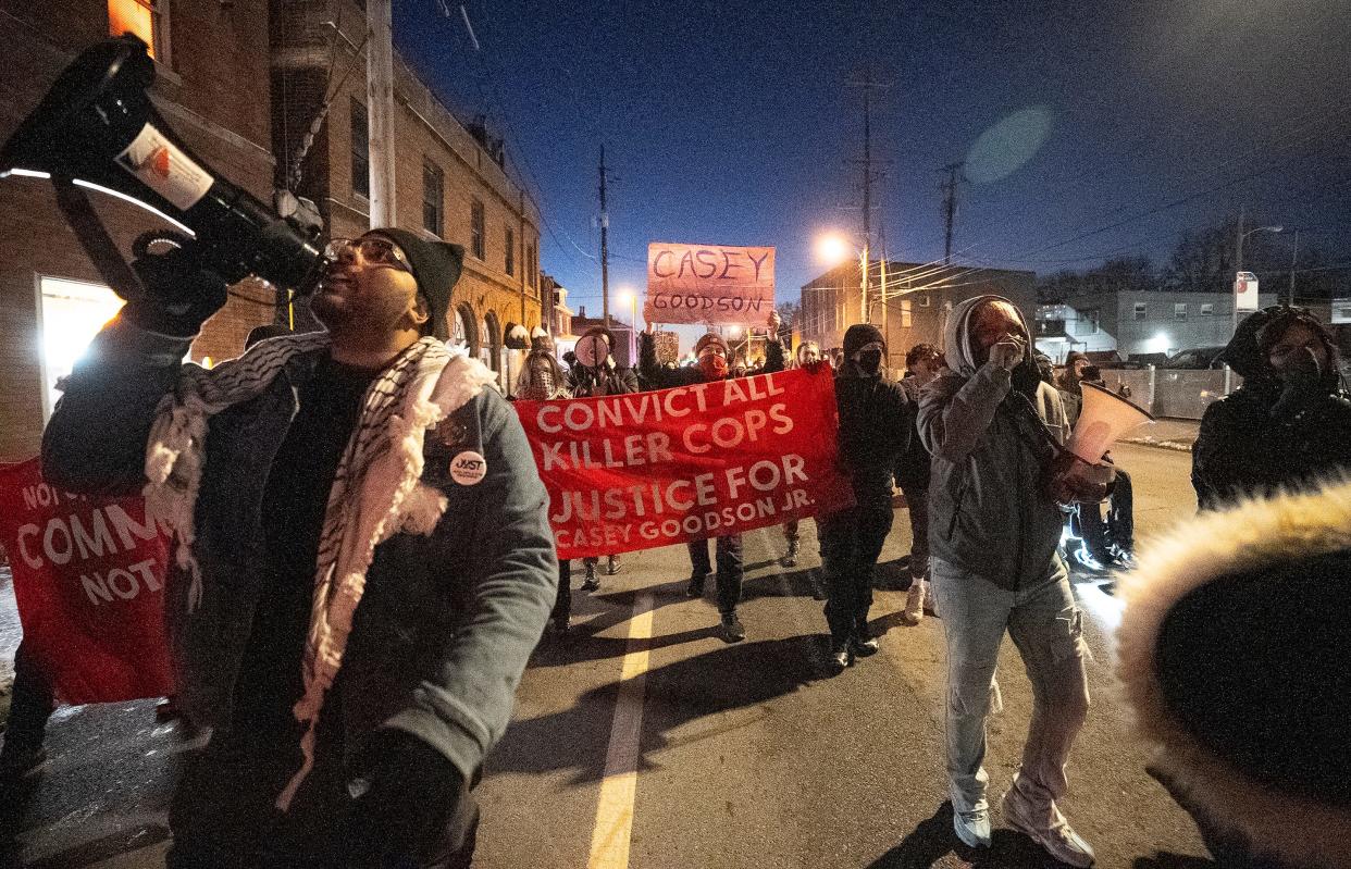 More than 100 people marched from Thompson Park and down High Street in Columbus just days after a mistrial was declared in the trial of Jason Meade, a former Franklin County Sheriff's Deputy accused of shooting and killing Casey Goodson Jr. in 2020.