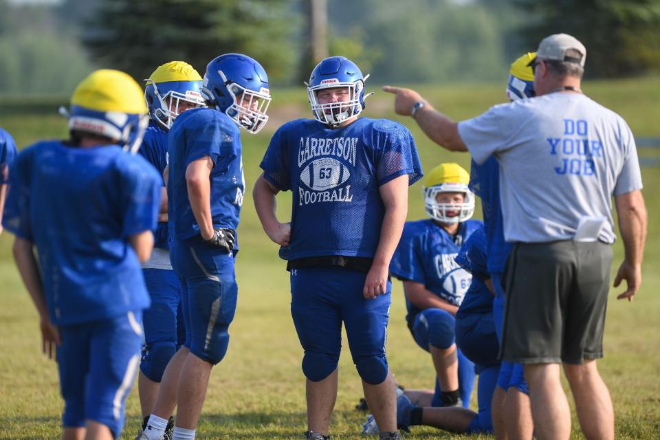 Garretson Football Head Coach Jerry Weiland talking to players during practice at Garretson School District Athletic Complex in Garretson, South Dakota on Thursday, August 10, 2023.