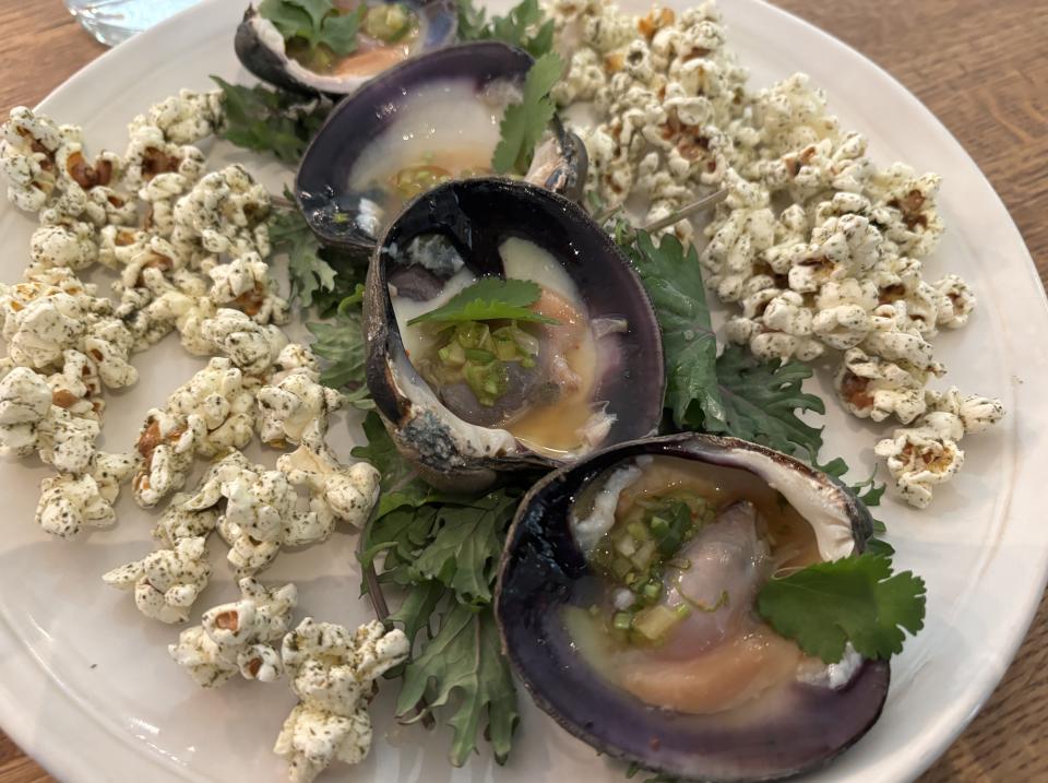 Wild clam ceviche and seaweed-dusted popcorn at Seabird restaurant, 1 S. Front St., Wilmington, N.C.