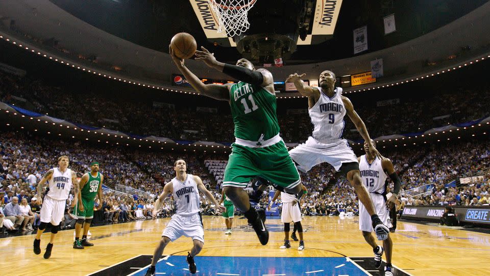Glen Davis drives for a shot against Rashard Lewis (right) of the Orlando Magic in Game Two of the Eastern Conference Finals during the 2010 NBA playoffs. - Kevin C. Cox/Getty Images