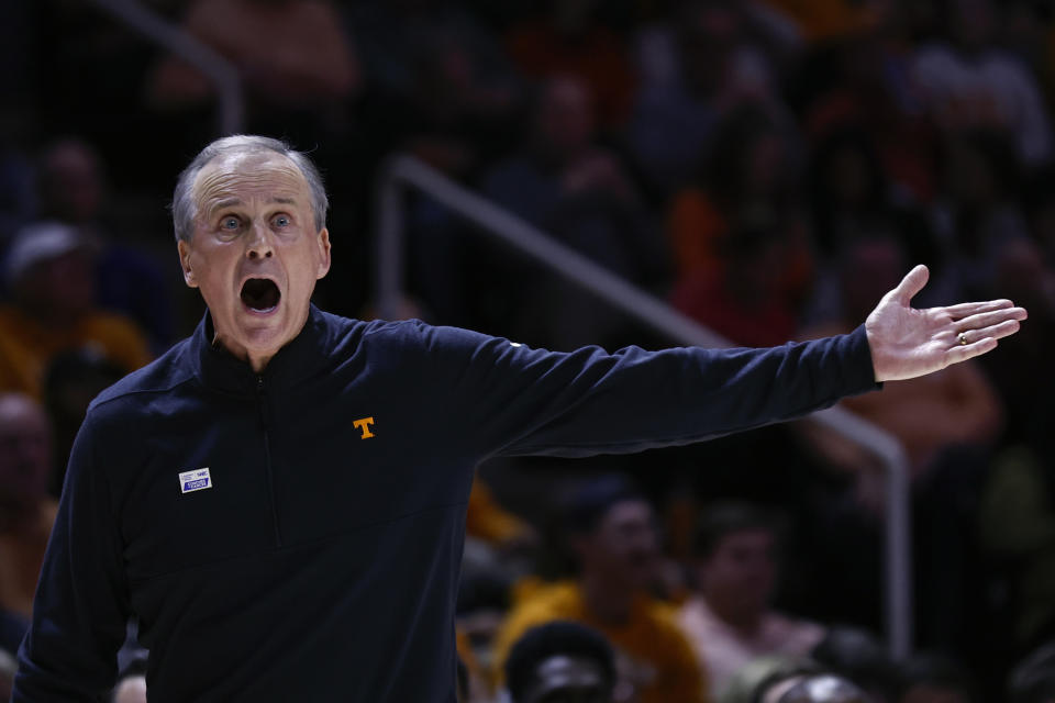 Tennessee head coach Rick Barnes yells to players during the first half of the team's NCAA college basketball game against Georgia, Wednesday, Jan. 25, 2023, in Knoxville, Tenn. (AP Photo/Wade Payne)