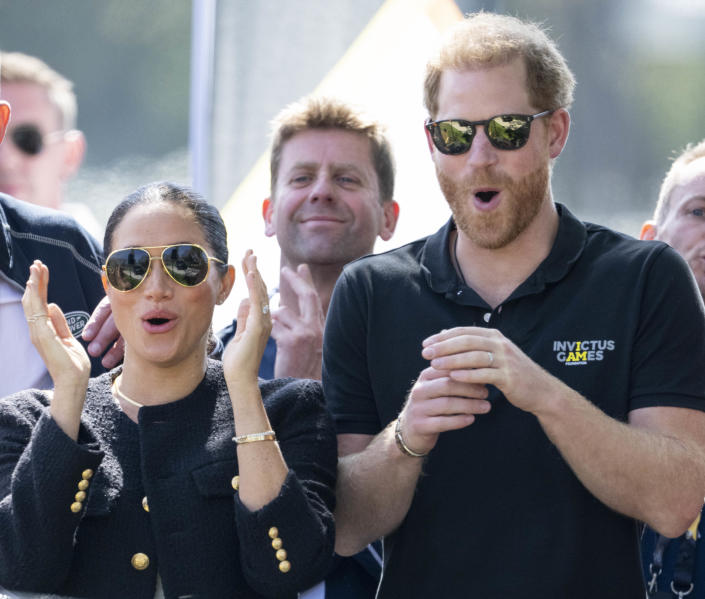 THE HAGUE, NETHERLANDS - APRIL 16: Prince Harry, Duke of Sussex and Meghan, Duchess of Sussex at The Land Rover Driving Challenge during the Invictus Games at Zuiderpark on April 16, 2022 in The Hague, Netherlands. (Photo by Mark Cuthbert/UK Press via Getty Images)