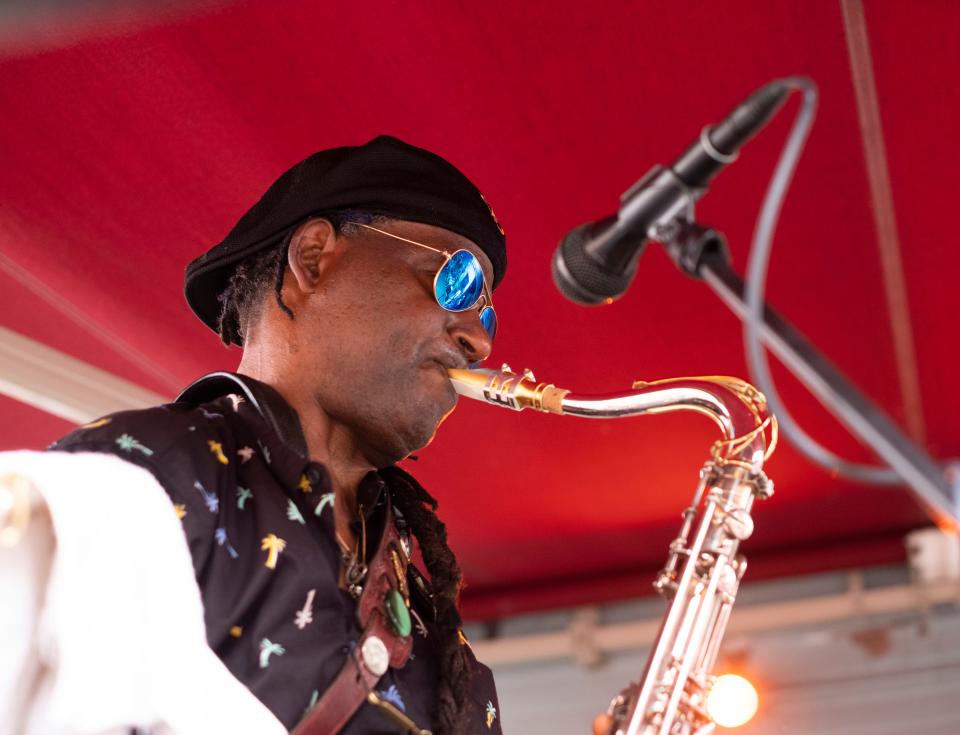 joe Moore plays the saxophone with the band Left Eye Jump at the Red Square on the Church Street Marketplace in Burlington on Saturday, June 5, 2021, during the Burlington Discover Jazz Festival.