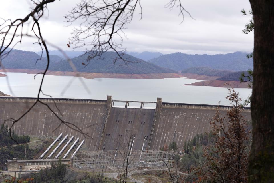 The water in Lake Shasta is still low despite storms that passed through Northern California on New Year's Eve. Here, Shasta Dam is seen from the three Shastas overlook on Sunday, Jan. 8, 2023.