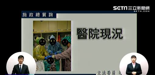 國民黨立委李德維質詢時秀出醫院急診室有醫護穿輕便雨衣（圖／翻攝立法院直播）