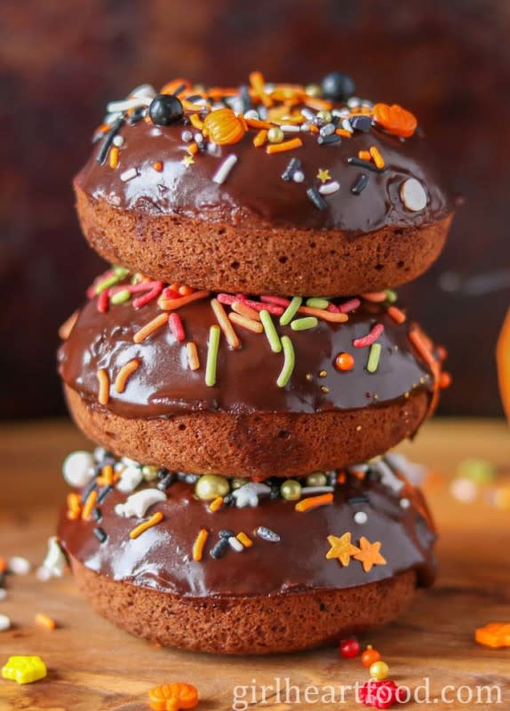 <p>Girl Heart Food</p><p>Because donuts are a celebratory fare for average mornings and spooky evenings!</p><p><strong>Get the recipe: <a href="https://girlheartfood.com/halloween-donuts/" rel="nofollow noopener" target="_blank" data-ylk="slk:Halloween Pumpkin Chocolate Donuts;elm:context_link;itc:0;sec:content-canvas" class="link ">Halloween Pumpkin Chocolate Donuts</a></strong></p>