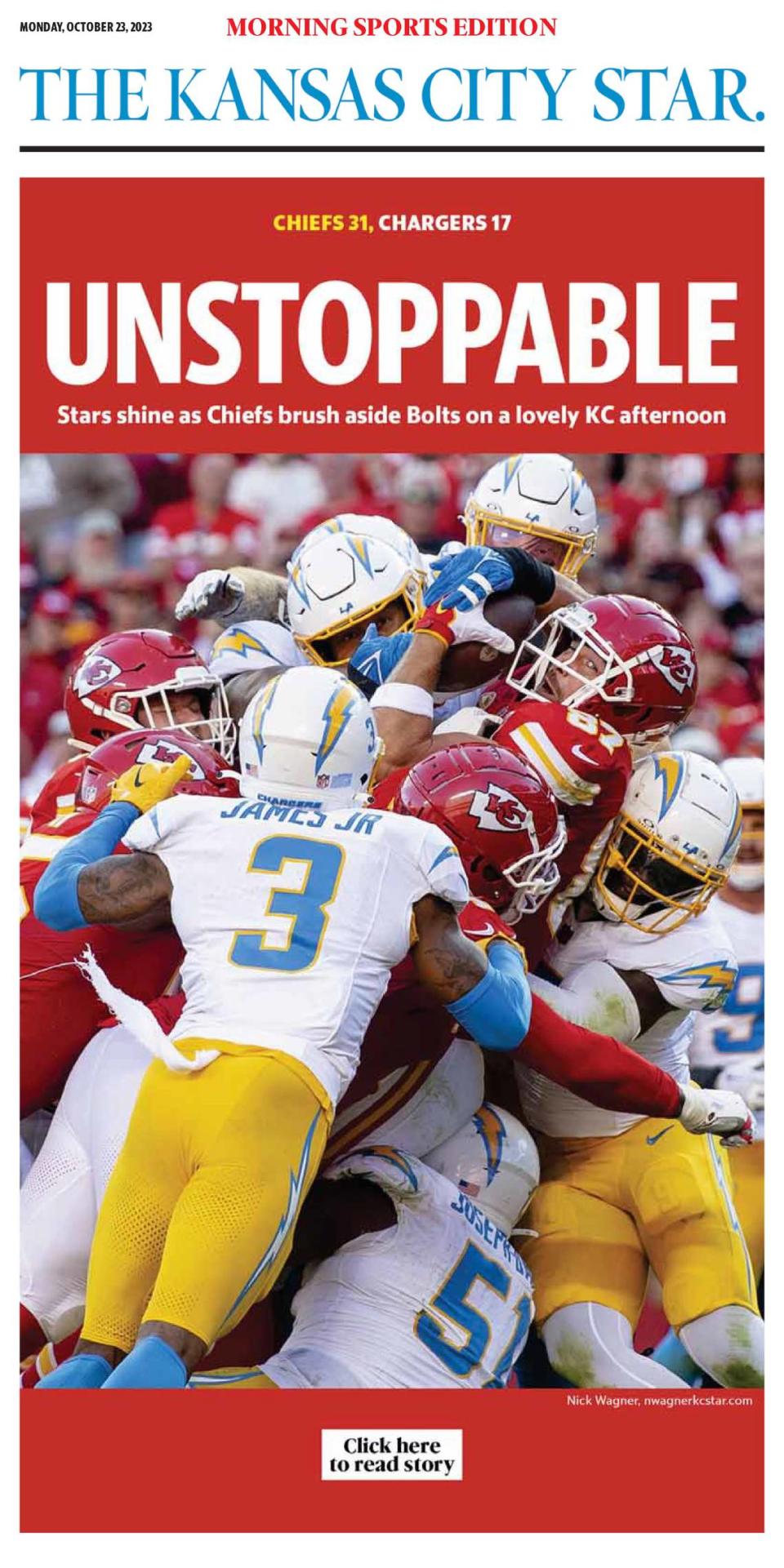 We picked the fourth frame in this series. Kelce appearing to keep an eye out for the goal line and the lack of other obstructions in the shot made it the winner. Here is how the photo appeared on Monday’s cover of the Morning Sports Edition.
