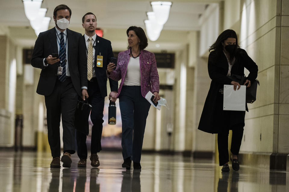 WASHINGTON, DC - FEBRUARY 28: Secretary of Commerce Gina Raimondo departs from a briefing for lawmakers on Capitol Hill on Monday, Feb. 28, 2022 in Washington, DC. Biden administration cabinet members briefed lawmakers on the current situation in Russias invasion of Ukraine. (Kent Nishimura / Los Angeles Times via Getty Images)