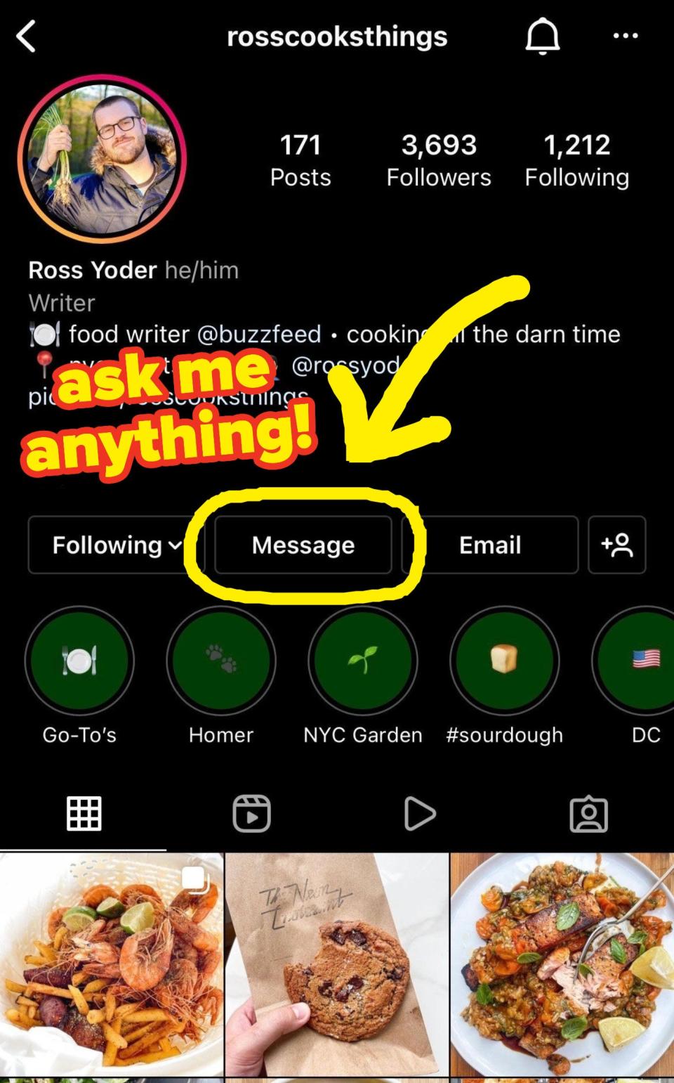 screenshot of author's instagram page with circle around the "message" button