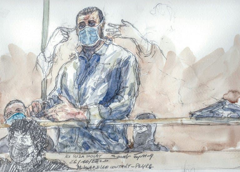 Croquis d'audience du principal accusé des attentats e janvier 2015 Ali Riza Polat, et de son avocate Me Isabelle Coutant-Peyre (g), le 26 octobre 2020 au tribunal de Paris - Benoit PEYRUCQ © 2019 AFP