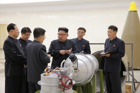 North Korean leader Kim Jong Un provides guidance on a nuclear weapons program in this undated photo released by North Korea's Korean Central News Agency (KCNA) in Pyongyang September 3, 2017. KCNA via REUTERS