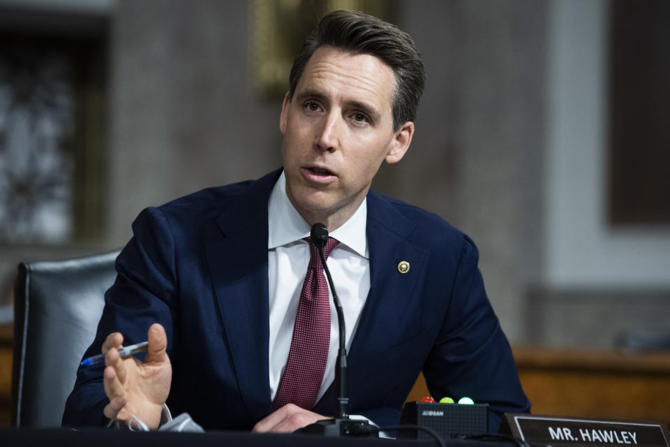 FILE - Sen. Josh Hawley, R-Mo., speaks during a Senate Judiciary Committee hearing on pending judicial nominations on Capitol Hill in Washington on April 28, 2021. Hawley's book “The Tyranny of Big Tech” was dropped by Simon & Schuster but was acquired by independent conservative publisher Regnery. (Tom Williams/Pool via AP, File)