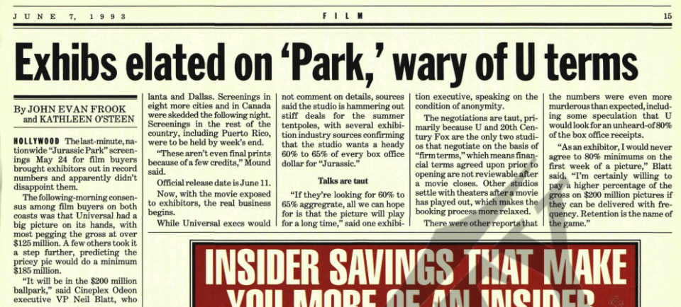 DINOSAUR DEAL: Universal asks stiff terms for ‘Jurassic Park.’