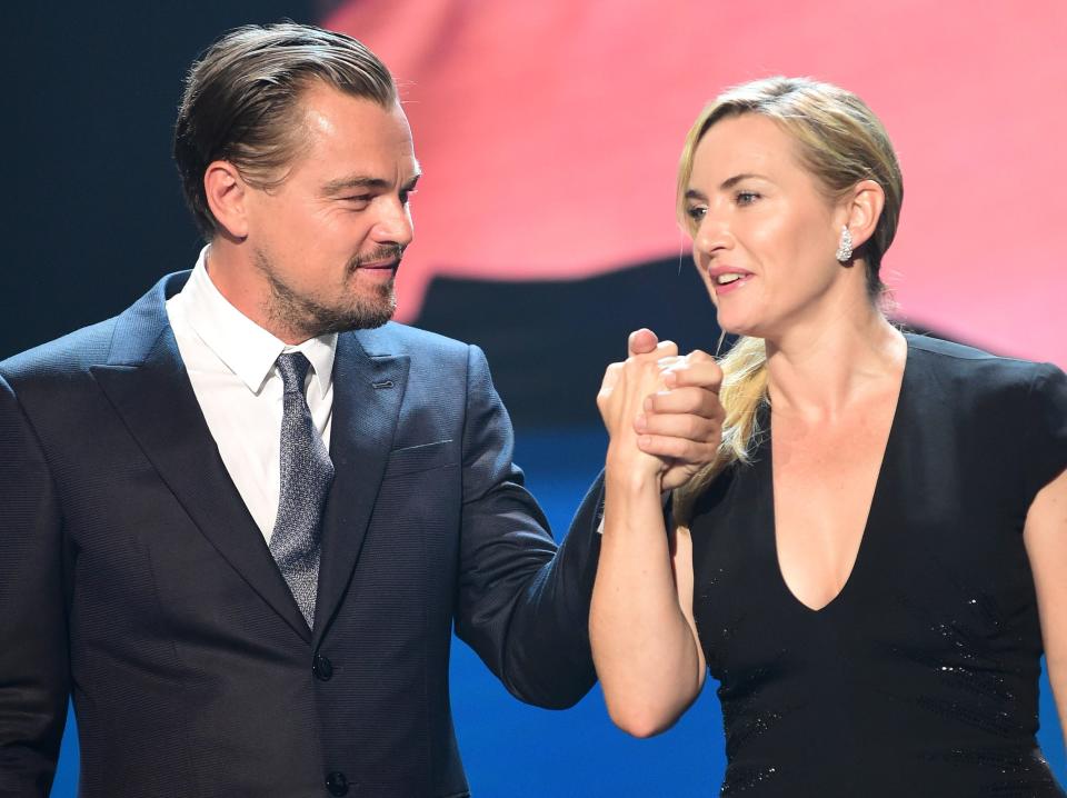 Kate Winslet and Leonardo DiCaprio are seen on stage during the Leonardo DiCaprio Foundation 4th Annual Saint-Tropez Gala at Domaine Bertaud Belieu on July 26, 2017 in Saint-Tropez, France.