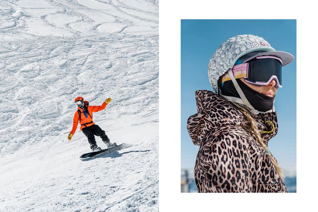 <p>Mark Hartman</p> From left: Snowboarding down the Gullies, a series of six double-black-diamond runs at Big Sky; skier Hailey Rumore.